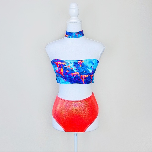 RaveAfterRave Blue Orange Tie Dye Tube Top, Holographic Bottoms, Choker Rave Set - Picture 1 of 5